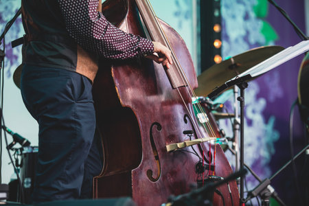 Concert view of a contrabass violoncello player with vocalist and musical band during jazz orchestra band performing music, violoncellist cello jazz player on stageの写真素材