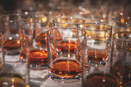 Beautiful row of different colored alcohol drinks on a party, whiskey, scotch whiskey, bourbon, cognac, brandy and other cocktails, glasses on a bar club counter tableの写真素材