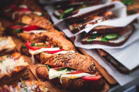 Beautifully decorated catering banquet table with different food snacks and appetizers setting with sandwiches, triange, croissant club submarine sandwich, on wooden plate, party or celebrationの写真素材