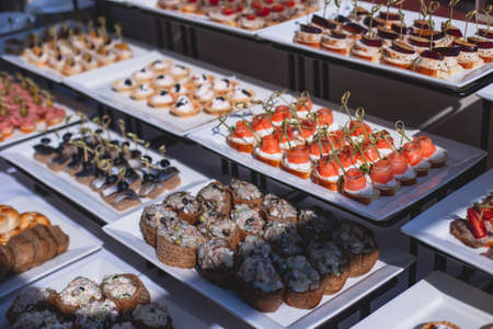Catering table, beautifully decorated banquet with variety of with different food snacks and appetizers on corporate birthday party event or wedding celebration, seafood, canape, delicatessen setting menuの写真素材