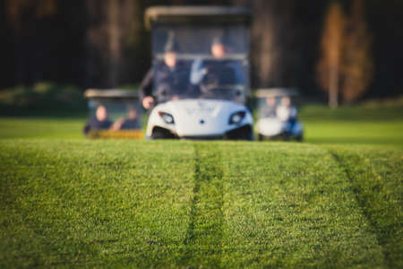 Golf electric cars riding on a golf course in the day, golf carts drive with golfers in resort clubの写真素材