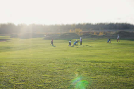 Vibrant view of golf course in countryside, landscape field with a rich green turf and sand bunkers...