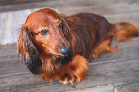 Beautiful Red Long-haired grown up adult Dachshund dog portrait view