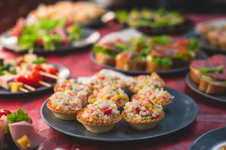 Beautifully decorated catering banquet table with different homemade food snacks and appetizers on corporate birthday party event or wedding celebration, different vegan snacksの写真素材