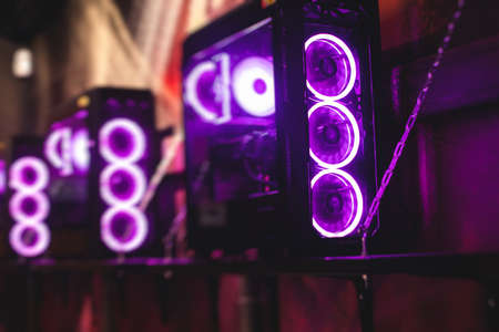 View of Gaming PC with rgb led lights, powerful high end personal computer, assembled with hardware components, at home or in cybersport club arenaの写真素材