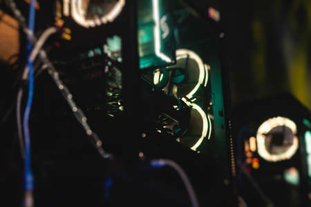 View of Gaming PC with rgb led lights, powerful high end personal computer, assembled with hardware components, at home or in cybersport club arenaの写真素材