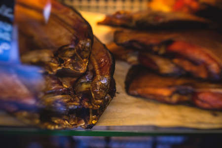 Variety assortment of different cold hot smoked fish for sale on fish market in Kaliningrad oblast, Russiaの写真素材