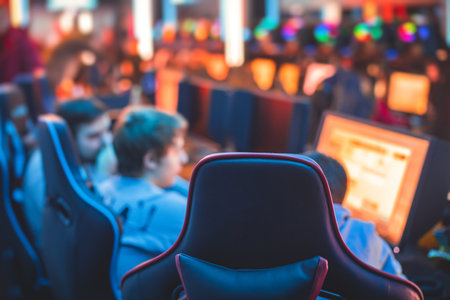 Cyber sport e-sports tournament, team of professional gamers, close-up on gamer's hands on a keyboard, pushing button, gamers playing in competitive moba, strategy fps game at cyber games arena clubの写真素材