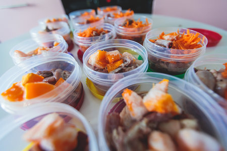 Process of preparing bowls with natural raw pet dog food at home, preparation of healthy raw barf for cats dogs, with duck, turkey, offals, meat, vegetables, assorted food portions in containersの写真素材