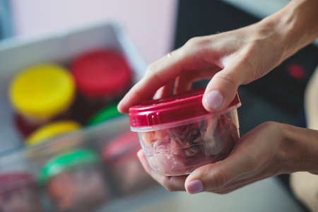 Process of preparing bowls with natural raw pet dog food at home, preparation of healthy raw barf for cats dogs, with duck, turkey, offals, meat, vegetables, assorted food portions in containersの写真素材