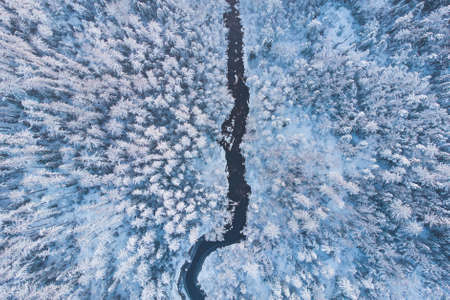 Winter snowy aerial landscape of forest with the river, Lapland, Finlandの写真素材