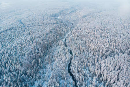 Winter snowy aerial landscape of forest with the river, Lapland, Finland