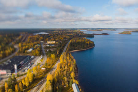 Suomussalmi municipality, Ammansaari, Finland, Kainio region, aerial drone fall viewの写真素材