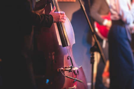 Concert view of a contrabass violoncello player with vocalist and musical band during jazz orchestra band performing music, violoncellist cello jazz player on stageの写真素材