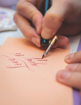 Process of calligraphy handwriting with an ink fountain pen feather, calligrapher practicing writing...