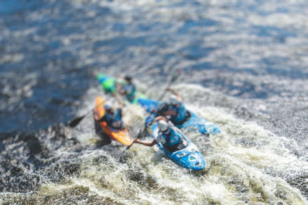 View of floorball match game, court hall indoor venue with junior teenage children school team playing in the background, floor ball hockey match game on the arena stadium, copy spaceの写真素材
