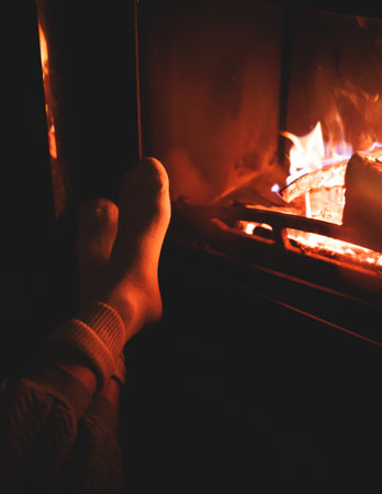 Cozy night in the cabin by the fireplace, fireplace burns in the scandinavian cottage chalet house, burning fire with charcoal and firewood, young woman with drink reads a bookの写真素材