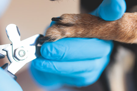 Veterinarian specialist holding small dog, process of cutting dog claw nails of a small breed dog with a nail clipper tool, close up view of a dog's paw, trimming pet dog nails manicureの写真素材
