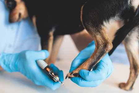 Veterinarian specialist holding small dog, process of cutting dog claw nails of a small breed dog with a nail clipper tool, close up view of a dog's paw, trimming pet dog nails manicureの写真素材