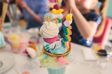 Over shake and freak shake, process of cooking extreme colorful milkshakes on a kids birthday party event celebration, catering banquet table with candy sweets desserts, monster shakesの写真素材