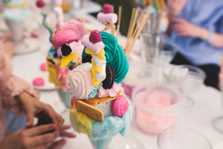 Over shake and freak shake, process of cooking extreme colorful milkshakes on a kids birthday party event celebration, catering banquet table with candy sweets desserts, monster shakesの写真素材