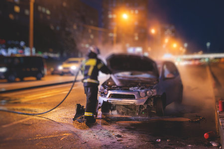 Group of fire men extinguishing and put out burning car crash after road traffic incident, fire...