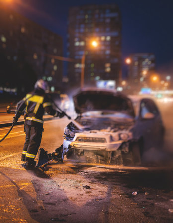 Group of fire men extinguishing and put out burning car crash after road traffic incident, fire fighting operation in the night city, firefighters with fire engine truck vehicleの写真素材