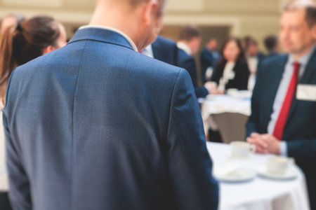Group of men in business suits talking and discussing during coffee break at conference, politicians and entrepreneurs networking and negotiate, businessmen have conversationの写真素材