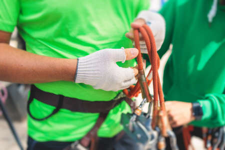 Equipment for climbing sport outdoor, rock climbing alpinism mountaineering gear with helmet, belt,...