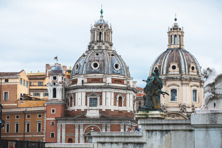 Rome panorama, Lazio, Italy, beautiful panoramic vibrant summer wide view of Roma and Vatican, with cathedral, cityscape and scenery beyond the city, seen from observation deckの写真素材