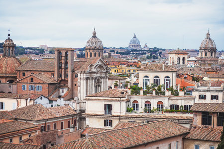 Rome panorama, Lazio, Italy, beautiful panoramic vibrant summer wide view of Roma and Vatican, with cathedral, cityscape and scenery beyond the city, seen from observation deckの写真素材