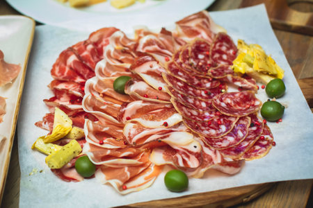 Catering table, beautifully decorated banquet table with variety of different food snacks, sandwiches, croissants and appetizers on party event or celebration, delicatessen setting, coffee breakの写真素材