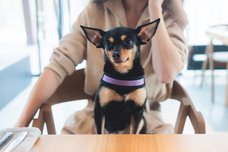 Dog friendly cafe, a small black dog sitting in a restaurant with the female owner, pet friendly place conceptの写真素材