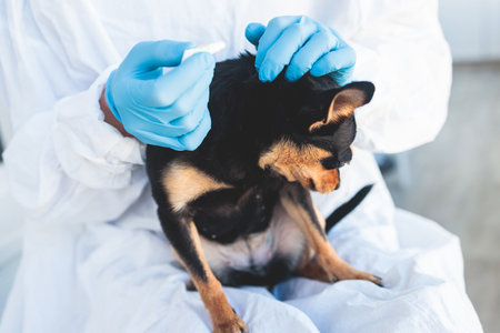 Veterinarian specialist holding a small black dog and applying drops at the withers, medicine from parasites, ticks, worms and fleas, young dog vet treatment, dog treated with parasite remedyの写真素材