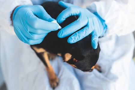 Veterinarian specialist holding a small black dog and applying drops at the withers, medicine from...