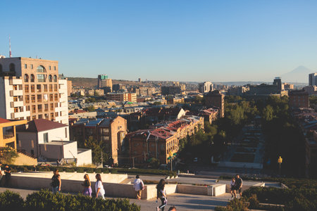 Yerevan, Armenia, beautiful super-wide angle panoramic view of Yerevan with Mount Ararat, cascade complex, mountains and scenery beyond the city, sunny dayの写真素材