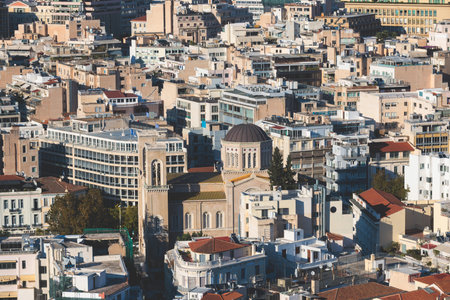 Athens, Attica, beautiful super-wide angle view of Athens city, Greece, Mount Lycabettus, mountains and scenery beyond the city, seen from The Parthenon, temple on the Athenian Acropolis, summer dayの写真素材