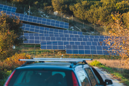 Solar power plant with polycrystalline silicon solar panel cells farm in Greece, renewable green...