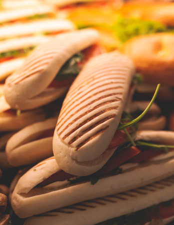 Beautifully decorated catering banquet table with different food snacks and appetizers setting with sandwiches, bagels, baguette club submarine sandwich, on a wooden plate, party or celebrationの写真素材
