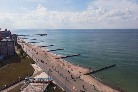 View of a Zelenogradsk, former Cranz, coastal resort, Zelenogradsky District, Kaliningrad Oblast, Russia, Sambian coastline, near Curonian Spit on the Baltic Sea, with beach and waterfrontの写真素材