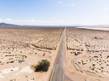 View of Mojave Desert panorama, an arid rain-shadow desert and the driest desert in North America,...