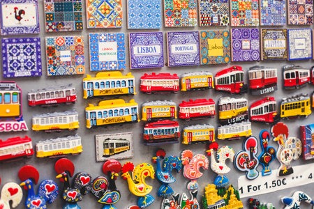 Variety of Lisbon City different Magnet Souvenirs For Sale At Local Vendors in Alfama district,...