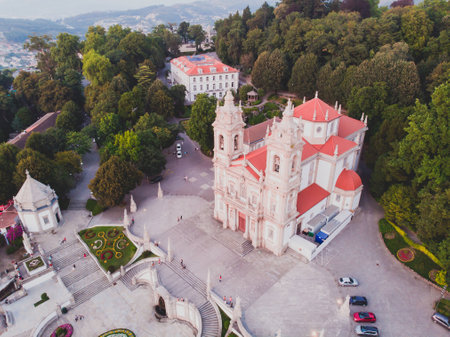View of Bom Jesus do Monte, a Portuguese sanctuary cathedral in Tenoes, outside the city of Braga, in northern Portugalの写真素材