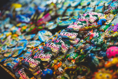 View of traditional tourist souvenirs and gifts from Spain, Alicante, Valencia with toys, bull figures, flamenco dancer dolls, fridge magnets with and key ring keychain, in local vendor souvenir shopの写真素材