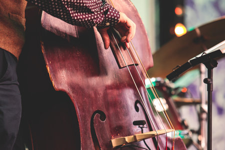 Concert view of contrabass violoncello player with musical band during jazz orchestra band performing music, violoncellist contrabassist cello jazz player on a stageの写真素材