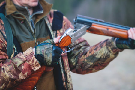 A process of hunting during spring hunting season, process of duck hunting, group of hunters in...