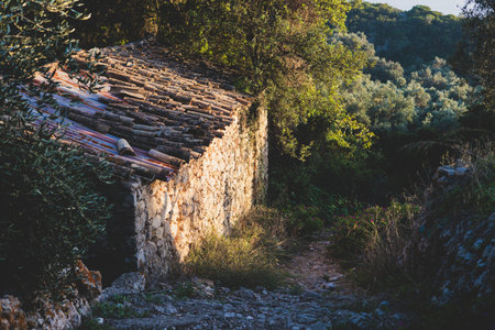 View of hiking trail from Paleokastritsa to Lakones, Old Donkey path, Corfu, Kerkyra, Greece, Ionian...