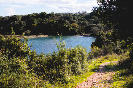 View of Erimitis coast landscape near Kassiopi and Agios Stefanos village, Corfu island, Kerkyra, Greece, with hiking trail path, forest and beach in summer sunny dayの写真素材