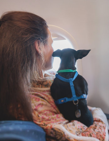 Dog in the aircraft cabin near the window during the flight, concept of traveling and moving with...