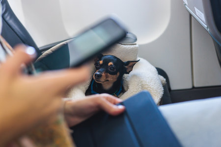 Dog in the aircraft cabin near the window during the flight, concept of traveling and moving with pets, small black dog sitting in a pet carrier bag, travel or relocation with dog by airplaneの写真素材